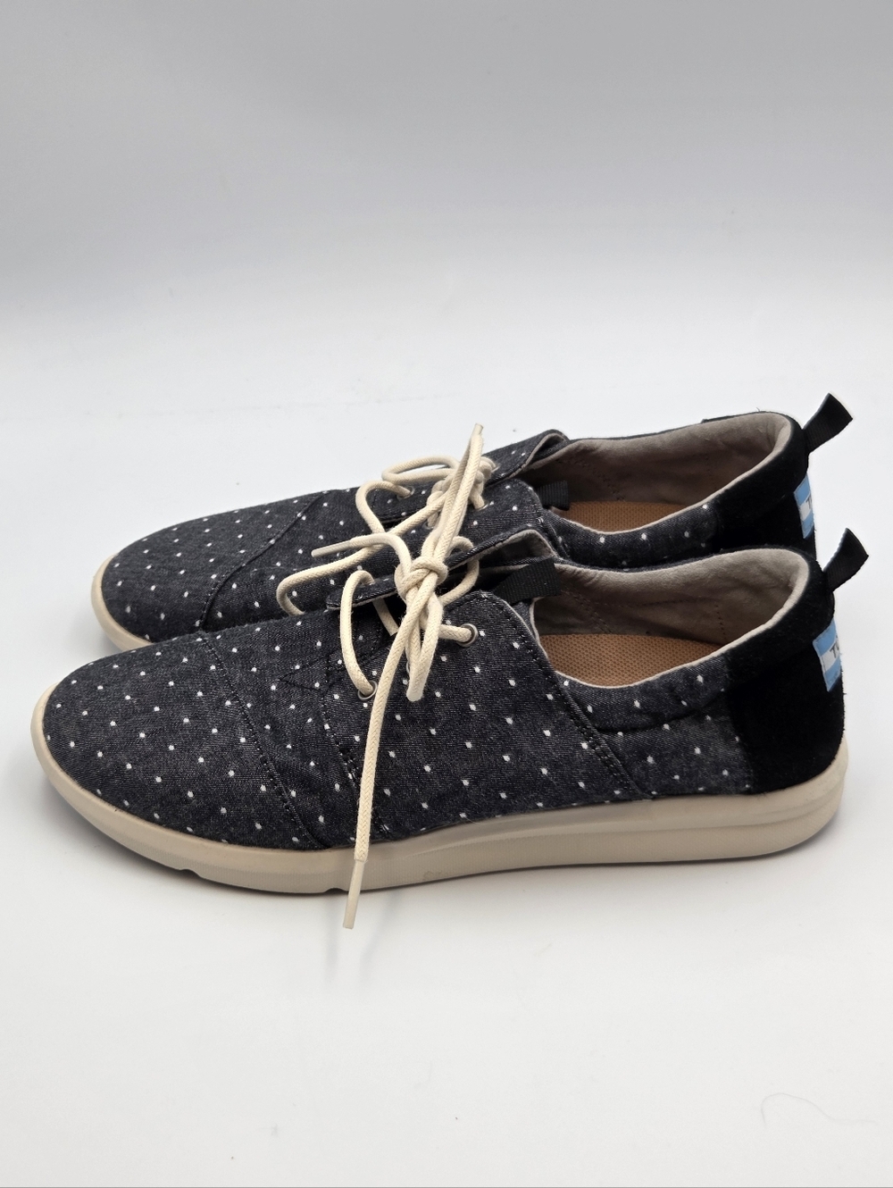 Toms Del Rey Blue White Polka Dots w/Suede Comfort Sneakers Women US 9